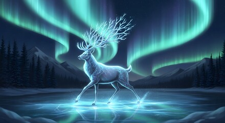 Mythical Deer Dancing Northern Lights in a Magical Winter Sky