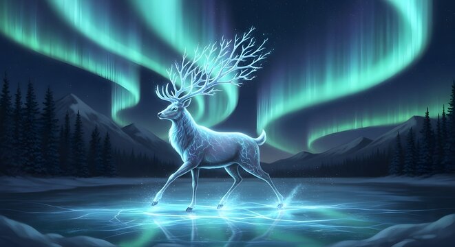 Mythical Deer Dancing Northern Lights in a Magical Winter Sky