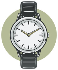 Classic wristwatch design illustration with black leather strap and round clock face