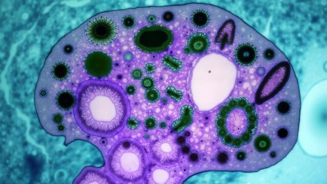 High Contrast View of Marburg Virus in Purple Vesicle Surrounded by Cytoplasm