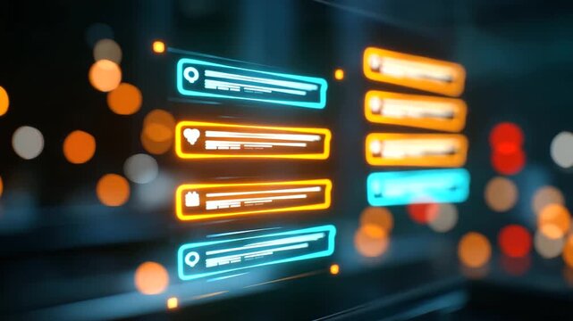 A digital interface glows with an AI powered chatbot conversation bubbles forming dynamically as natural language flows across the screen. Bright icons pulse with human like inter
