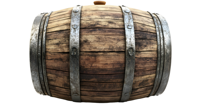Realistic wooden barrel with metal hoops isolated on black background for design use