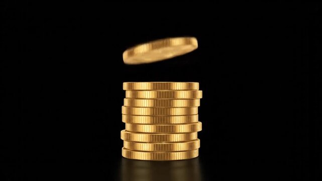 Looping 2D animation of a golden coin stack forming an upward financial graph on a black background. Smooth motion, shiny reflections, symbolizing profit, success, and economic growth. Minimalist comp