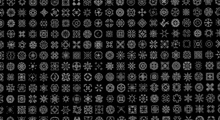 A Grid of Intricate Geometric Symbols and Abstract Designs on a Dark Background