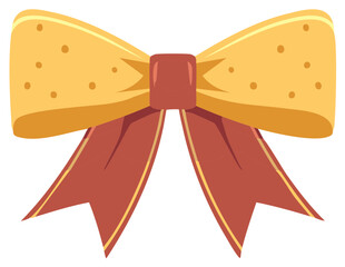 Decorative yellow polka dot gift bow with red ribbon tails for celebration