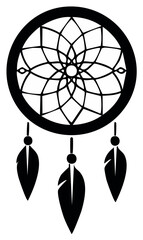 Black Dreamcatcher Vector Illustration, Native American Design with Feathers, Dream Catcher