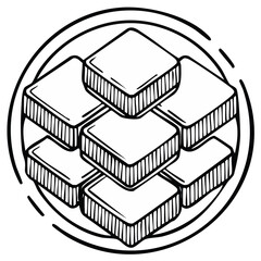 Illustration of seven square desserts arranged on a plate, outlined in black and white.