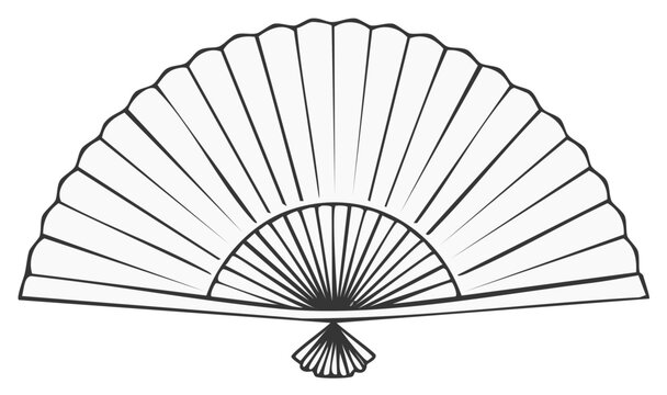 Traditional Open Folding Hand Fan Black and White Line Art Illustration