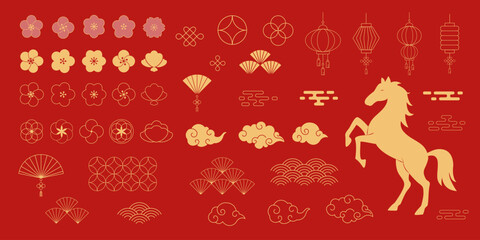 Chinese new year elements. Traditional oriental ornaments. China festival, new year celebrations. Asian festive flowers, clouds, ornaments, lantern. Lunar vector symbols set