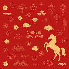 Chinese new year elements. Traditional oriental ornaments. China festival, new year celebrations. Asian festive flowers, clouds, ornaments, lantern. Lunar vector symbols set.2026