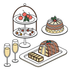 Vector art of an elegant illustration of a dessert table with various cakes and champagne glasses, , perfect for festive celebrations and sweet indulgence