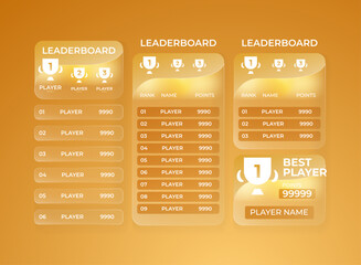 Golden glassmorphism leaderboard UI panel. Futuristic transparent ranking board with glowing trophy icons, premium gold interface design for mobile game, player ranking, points display