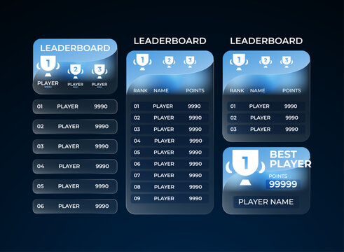 Blue glassmorphism leaderboard ui pack. Modern and minimal scoreboard panel set with points, rank, and best player display for mobile and pc game interface. Elegant futuristic ranking template screen