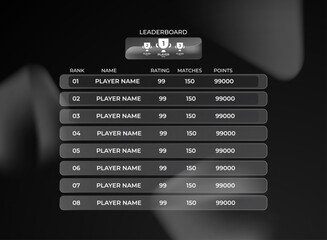 Dark glassmorphism leaderboard user interface. Modern scoreboard panel with rating, matches, and points for mobile and pc game ui. Clean minimal futuristic design template for competition results