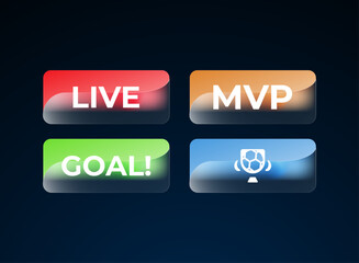 Glassmorphism football notification button pack. Modern ui set with live match, goal alert, and mvp badge. Clean minimal futuristic design template for soccer interface, broadcast, sports application