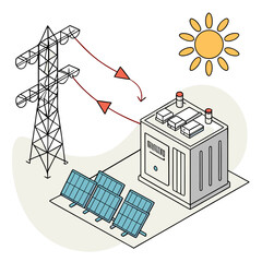 Vector art of isometric illustration of a solar power plant with panels, transformer, and transmission tower, showcasing sustainable energy generation and distribution