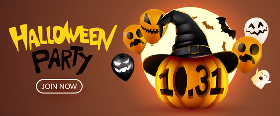 Spooky Halloween Party invitation banner featuring a pumpkin with witch hat and 10.31 date, perfect for seasonal events. Vector illustration