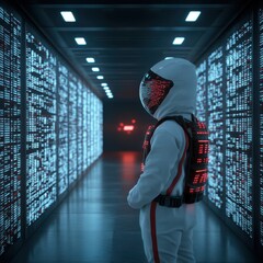 Futuristic Explorer in High-Tech Data Center Environment