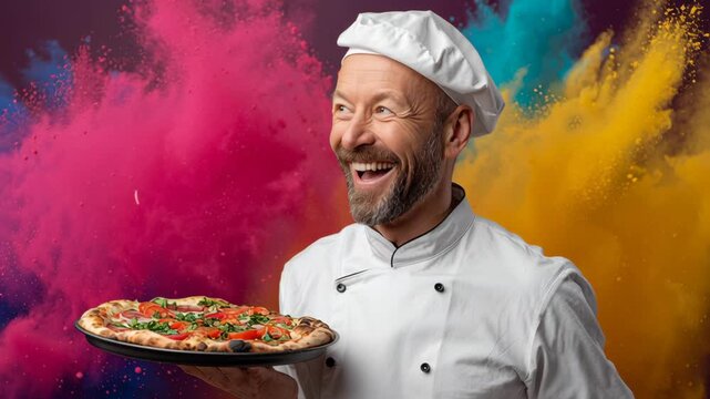 Chef with joyful expression presents freshly baked pizza, showcasing vibrant toppings against a colorful background of swirling powders, capturing the essence of culinary delight and artistry in motio