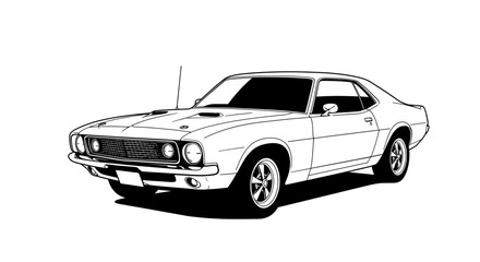 Naklejka premium Classic Muscle Car Vector Line Art Black and White Isolated