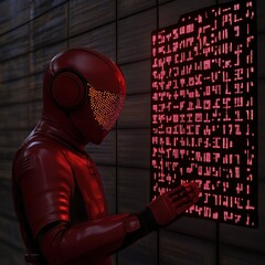 Futuristic Character Interacting with Neon Data Wall