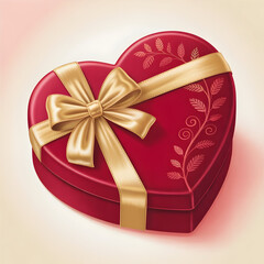 Luxurious red heart-shaped gift box wrapped with a shiny satin gold ribbon, symbolizing romance and celebration