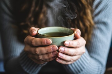 Cozy hands holding a steaming cup of warm tea, offering comfort and relaxation on a cool day.