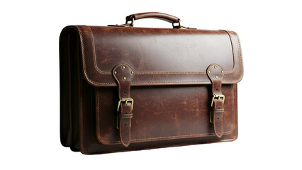 Rich brown leather briefcase with brass buckles against black backdrop
