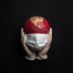 Human Hands Holding Globe Wearing Medical Face Mask