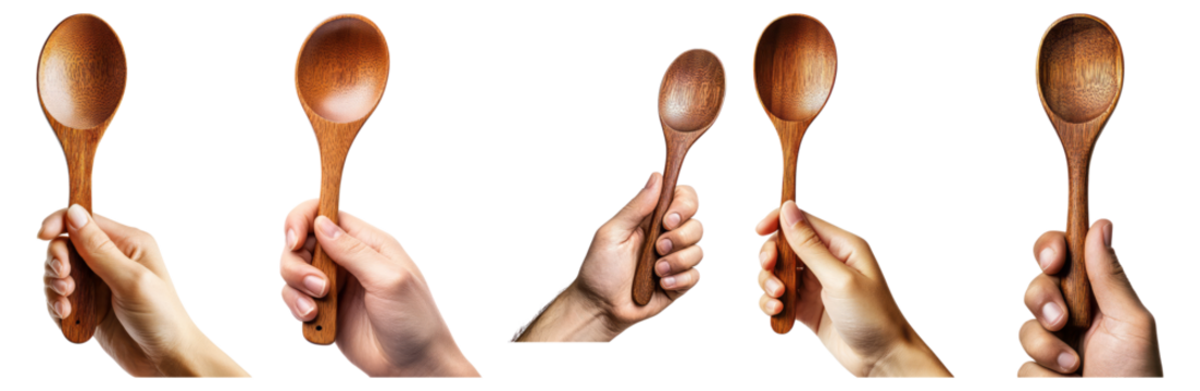 Various Hand Gestures of Holding Wooden Spoons in Different Angles, Isolated on Transparent, white background