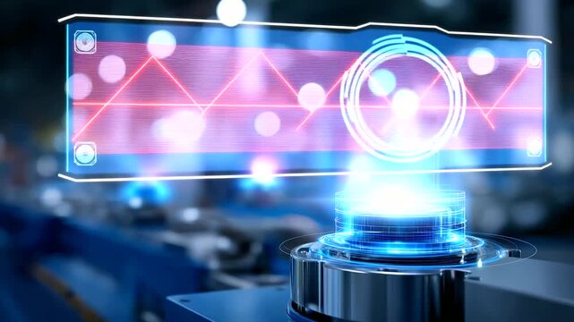 A futuristic factory display glows with Industrial IoT visuals smart manufacturing tools shining across a holographic production line. Atmosphere of innovation precision and mod