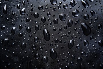 Photo of Many water droplets on black glass surface. Background texture for backdrops or mapping