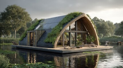 Modern eco-friendly house surrounded by tranquil waters, showcasing sustainable architecture and natural landscaping, ideal for nature lovers and serene getaways.