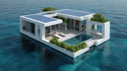 Modern Floating House With Solar Panels Surrounded By Clear Water Showcasing Sustainable Design And Luxurious Living Spaces In A Tropical Environment