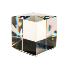 Transparent glass cube with geometric facets on transparent background