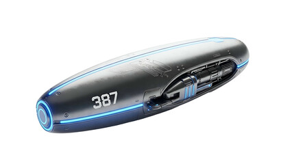 Sleek futuristic capsule with number '387' and blue accents