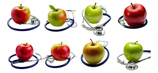 Colorful Apples with Stethoscopes Representing Health and Wellness, Isolated on Transparent, white background