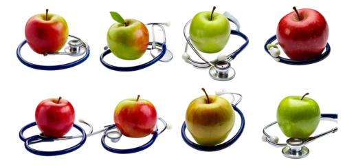 Colorful Apples with Stethoscopes Representing Health and Wellness, Isolated on Transparent, white background