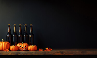 Halloween celebration with pumpkins and bottled beverages autumn themed display rustic environment close-up view