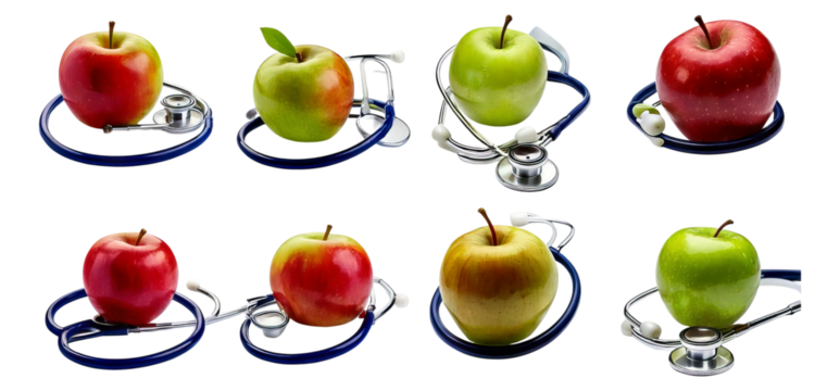 Colorful Apples with Stethoscopes Representing Health and Wellness, Isolated on Transparent, white background