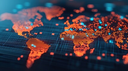 Global Digital Map with Bright Nodes and Lines in Dark Background