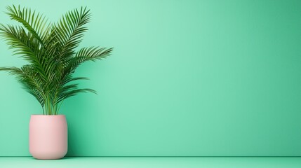 Potted Green Plant against Mint Green Wall Background
