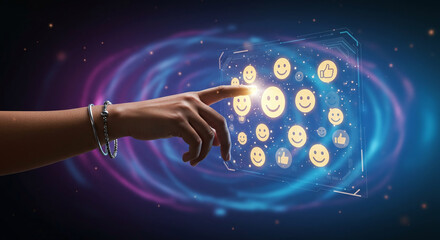 Positive Digital Interaction with Emojis and Thumbs Up on Cosmic Background