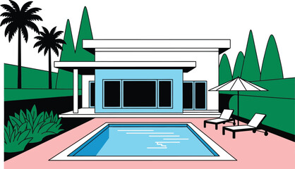 Modern house with pool and palm trees in a sunny environment editable stock