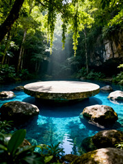 Mystical Cenote Oasis in the Jungle with a Circular Stone Platform Floating on Clear Turquoise Water and a Ray of Sunlight Streaming Through the Lush Green Canopy