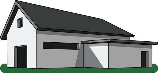 Illustration of a house with a dark roof and green grass below editable stock