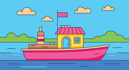 Cartoon boat with pink hull and yellow cabin on blue water day editable stock