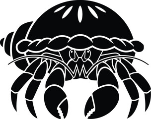 Black and white graphic of a hermit crab in a decorative shell editable stock