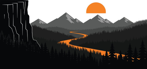 Landscape view of mountains with river and cliff at sunset time editable stock