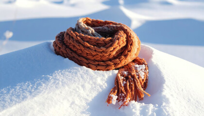A cozy orange and brown knitted scarf with tassels rests on a pristine white snowdrift